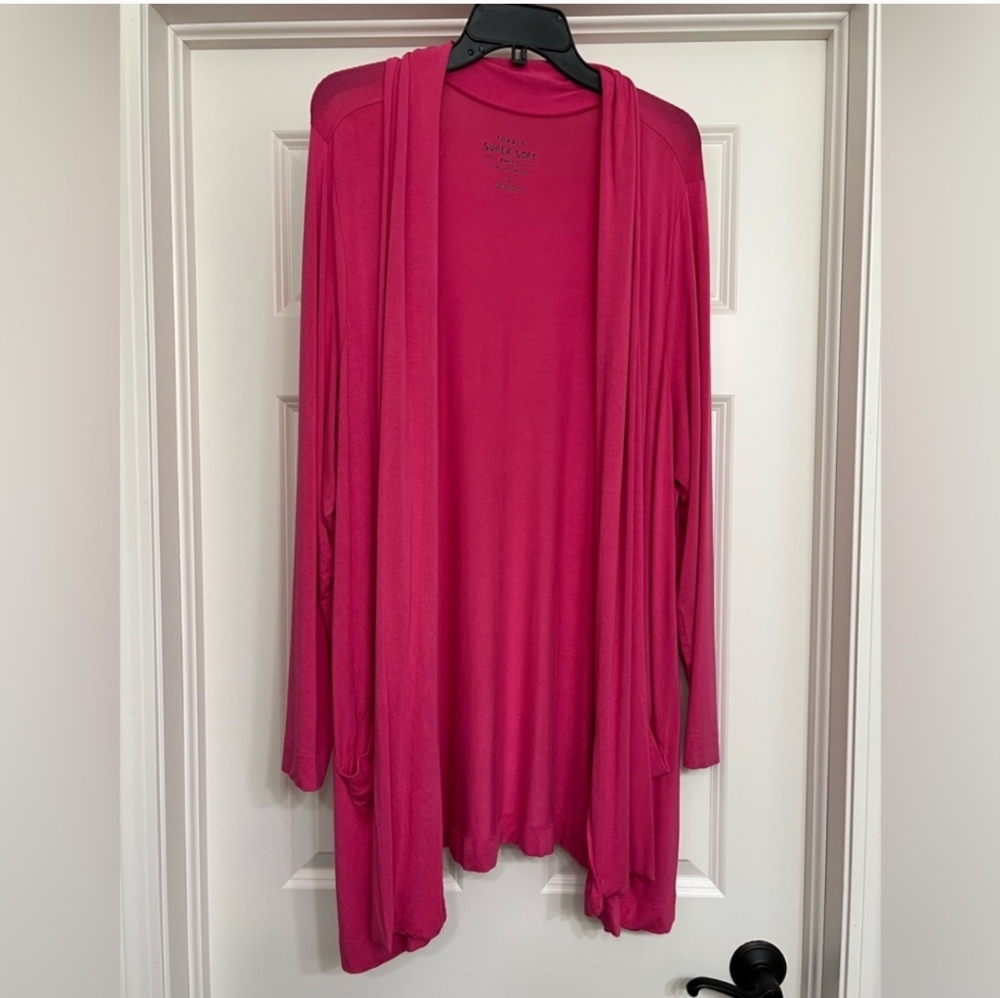 Size 2 "Super Soft" Rasberry color shawl collar cardigan from Torrid